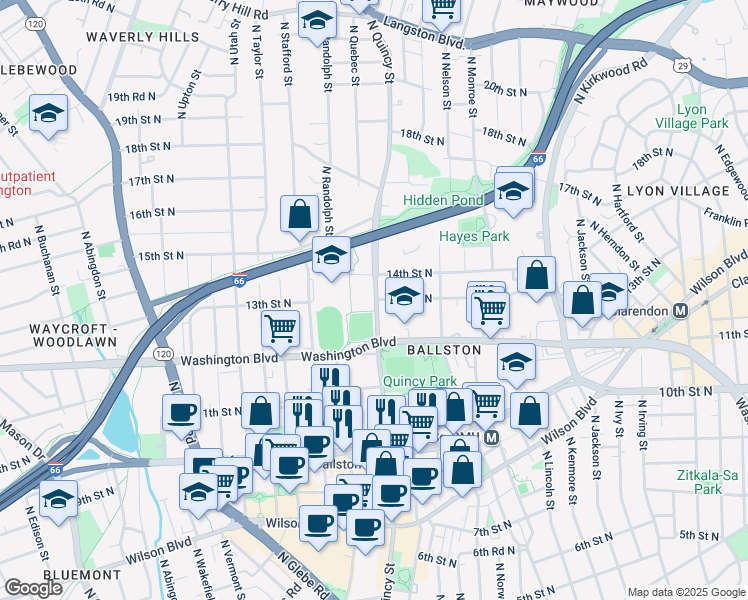 map of restaurants, bars, coffee shops, grocery stores, and more near 1300 North Quincy Street in Arlington