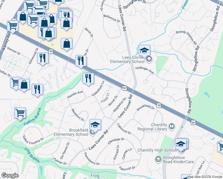 map of restaurants, bars, coffee shops, grocery stores, and more near 3031 Virginia Dare Court in Chantilly