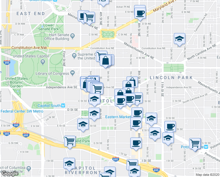 map of restaurants, bars, coffee shops, grocery stores, and more near 200 5th Street Southeast in Washington