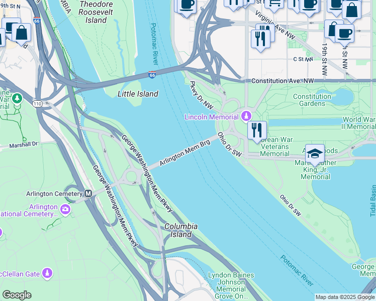 map of restaurants, bars, coffee shops, grocery stores, and more near 2912 Independence Avenue Southwest in Washington
