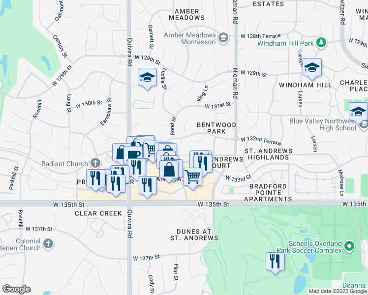 map of restaurants, bars, coffee shops, grocery stores, and more near 11409 W 132nd Terrace in Overland Park