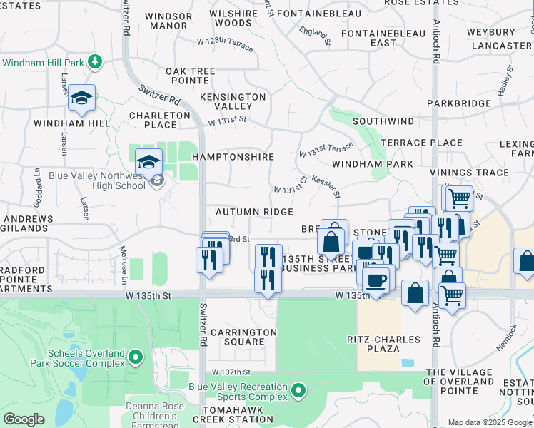 map of restaurants, bars, coffee shops, grocery stores, and more near 13220 Carter Street in Overland Park