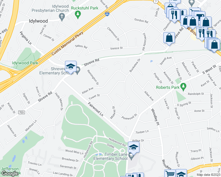 map of restaurants, bars, coffee shops, grocery stores, and more near 7412 Tower Street in Falls Church