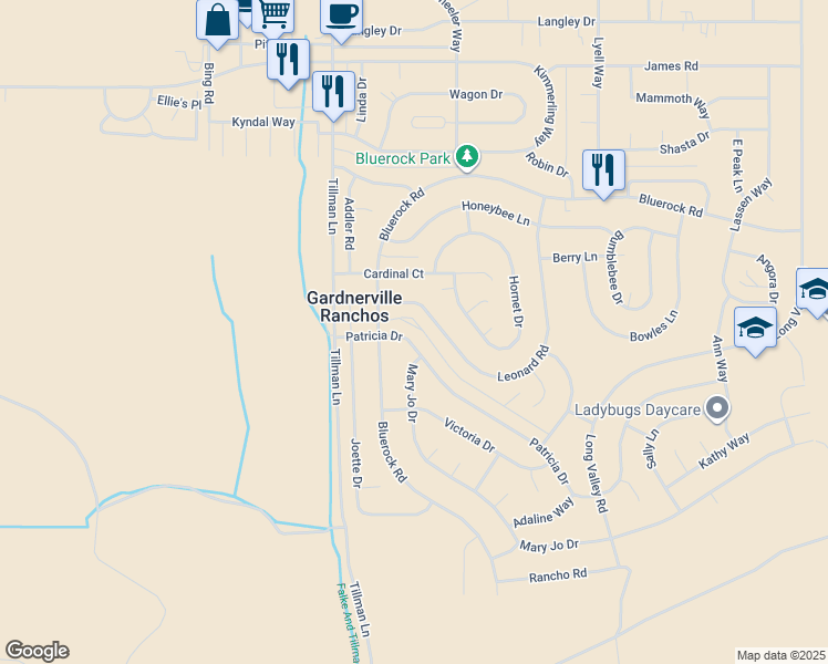 map of restaurants, bars, coffee shops, grocery stores, and more near 1320 Patricia Way in Gardnerville