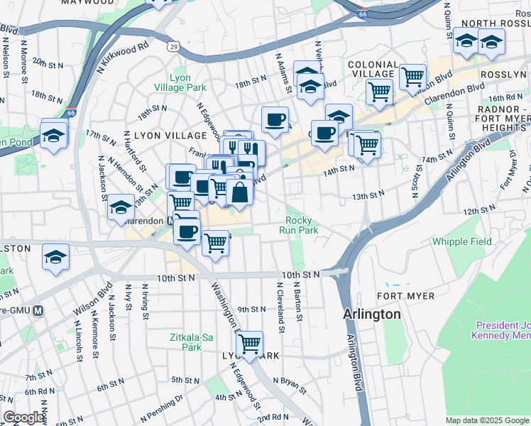 map of restaurants, bars, coffee shops, grocery stores, and more near 1212 North Cleveland Street in Arlington