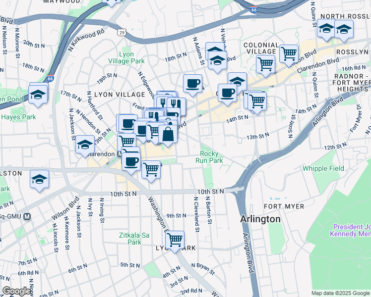 map of restaurants, bars, coffee shops, grocery stores, and more near 1212 North Cleveland Street in Arlington