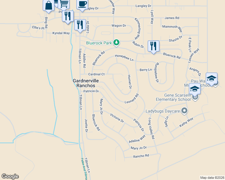 map of restaurants, bars, coffee shops, grocery stores, and more near 1344 Leonard Road in Gardnerville