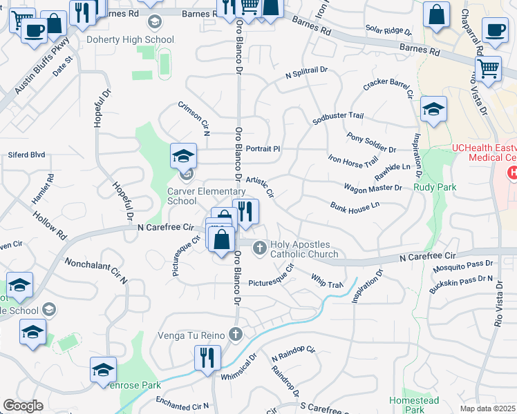 map of restaurants, bars, coffee shops, grocery stores, and more near 4839 Pacer Lane in Colorado Springs