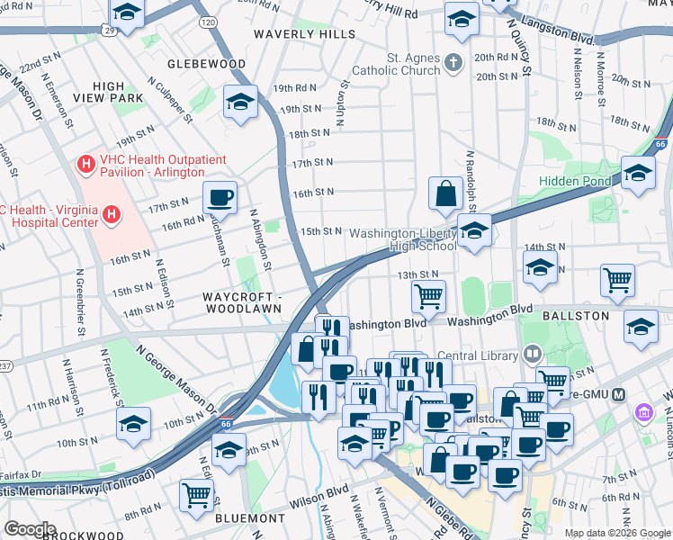 map of restaurants, bars, coffee shops, grocery stores, and more near 5051 Custis Trail in Arlington