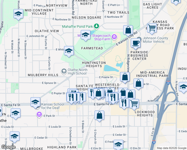 map of restaurants, bars, coffee shops, grocery stores, and more near 1045 East Huntington Place in Olathe