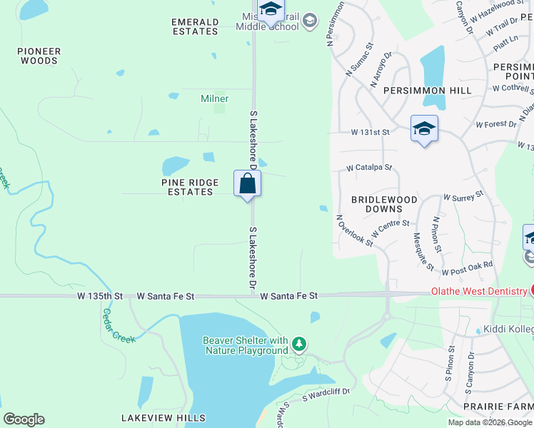 map of restaurants, bars, coffee shops, grocery stores, and more near 13295 South Lakeshore Drive in Olathe