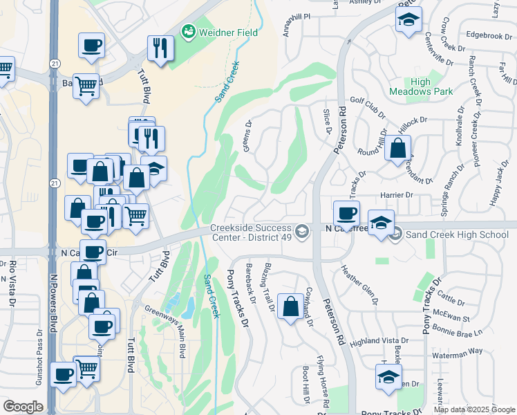 map of restaurants, bars, coffee shops, grocery stores, and more near 3880 Riviera Grove in Colorado Springs