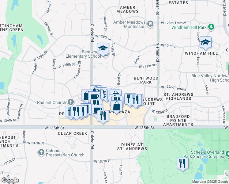 map of restaurants, bars, coffee shops, grocery stores, and more near 13229 Bond Street in Overland Park