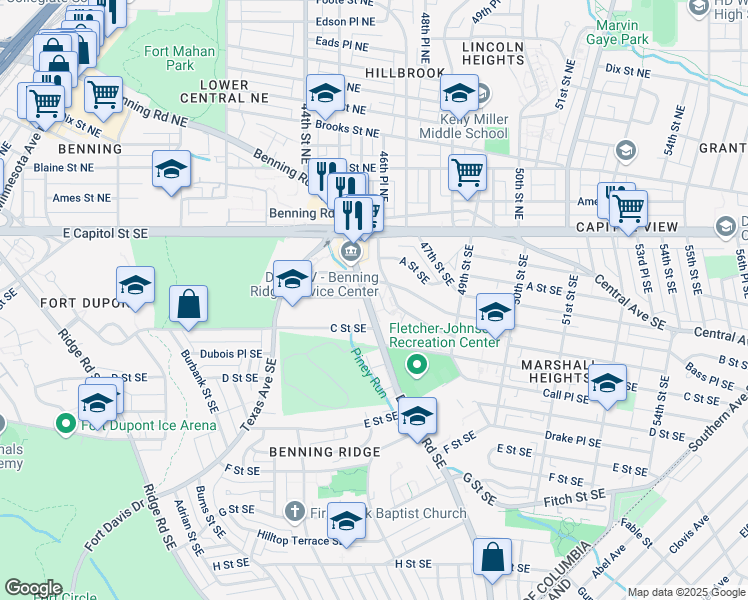 map of restaurants, bars, coffee shops, grocery stores, and more near 4602 Benning Road Southeast in Washington