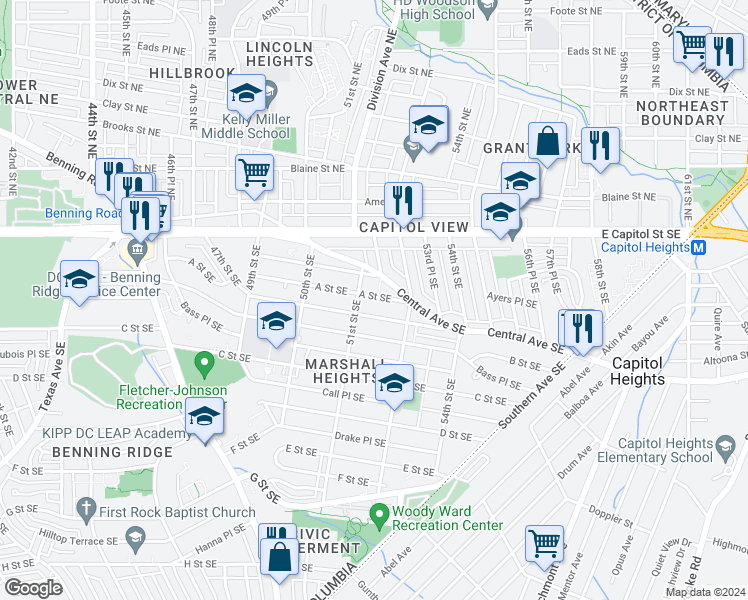 map of restaurants, bars, coffee shops, grocery stores, and more near 5117 A Street Southeast in Washington