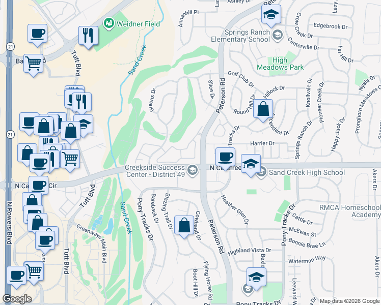 map of restaurants, bars, coffee shops, grocery stores, and more near 3731 Riviera Grove in Colorado Springs