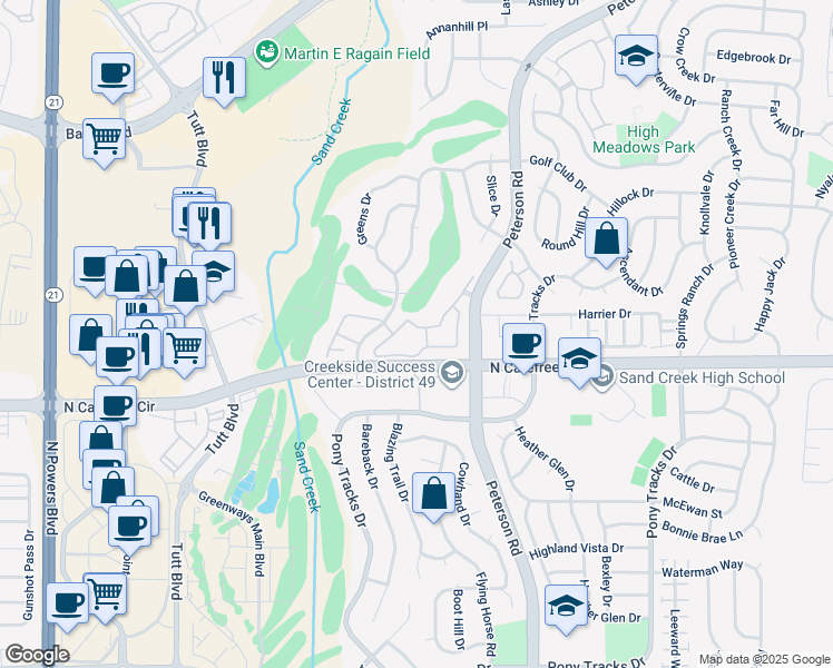 map of restaurants, bars, coffee shops, grocery stores, and more near 3895 Riviera Grove in Colorado Springs