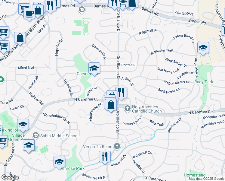 map of restaurants, bars, coffee shops, grocery stores, and more near 3848 Oro Blanco Drive in Colorado Springs