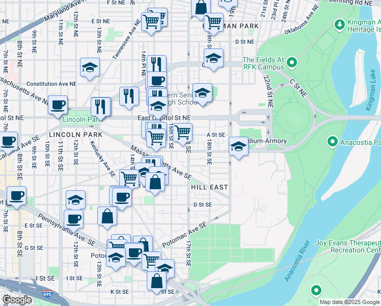 map of restaurants, bars, coffee shops, grocery stores, and more near 101 Independence Avenue Southeast in Washington