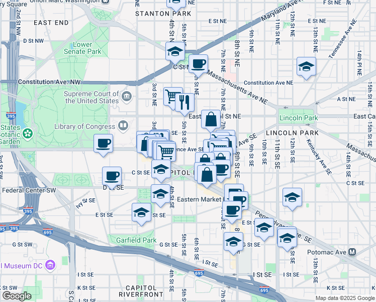 map of restaurants, bars, coffee shops, grocery stores, and more near 101 Independence Avenue Southeast in Washington