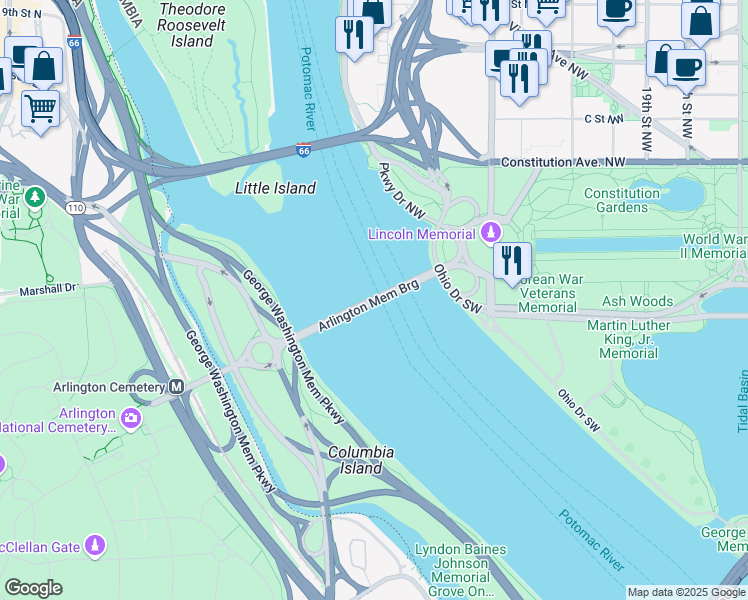 map of restaurants, bars, coffee shops, grocery stores, and more near 101 Independence Avenue Southeast in Washington