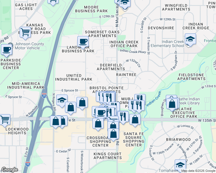 map of restaurants, bars, coffee shops, grocery stores, and more near 529 North Somerset Terrace in Olathe
