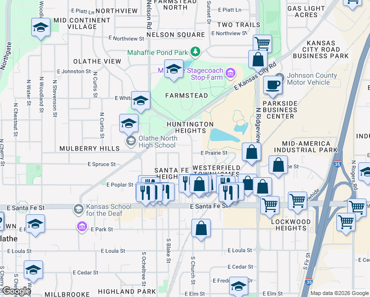 map of restaurants, bars, coffee shops, grocery stores, and more near 1045 East Huntington Place in Olathe