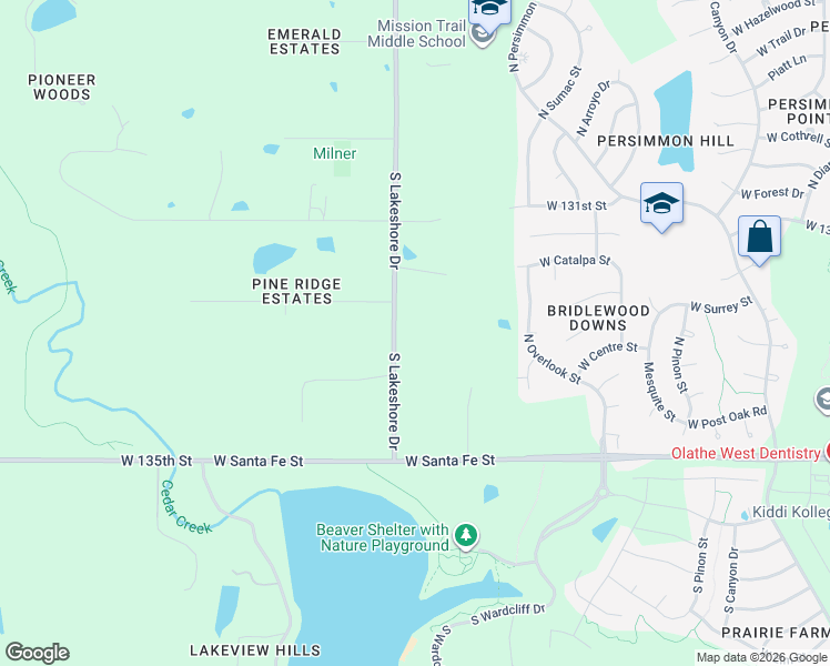 map of restaurants, bars, coffee shops, grocery stores, and more near 13295 South Lakeshore Drive in Olathe