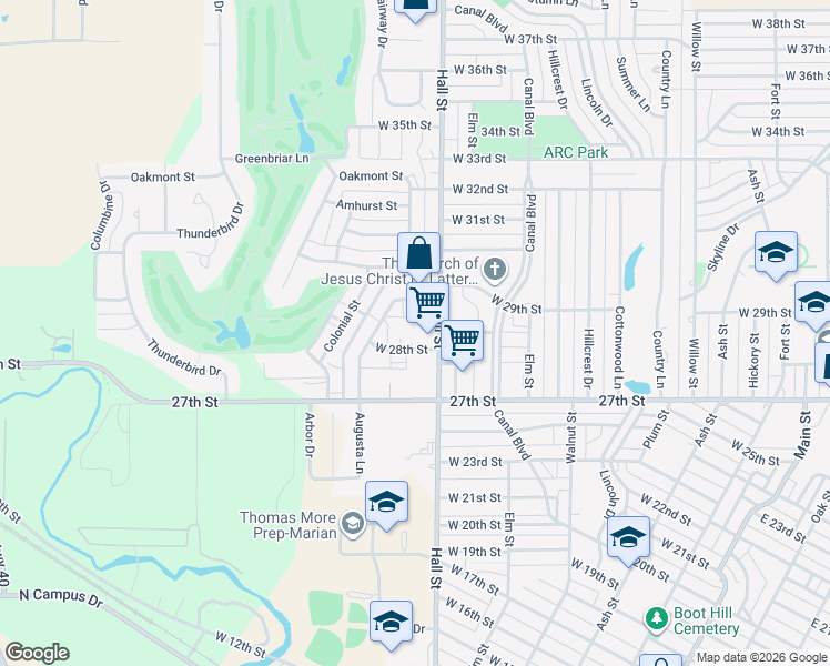 map of restaurants, bars, coffee shops, grocery stores, and more near 1005 West 28th Street in Hays