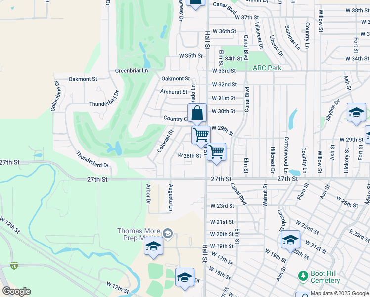 map of restaurants, bars, coffee shops, grocery stores, and more near 1005 West 28th Street in Hays