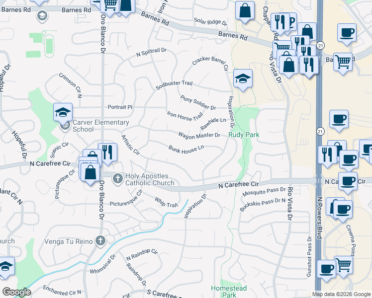 map of restaurants, bars, coffee shops, grocery stores, and more near 5210 Bunk House Lane in Colorado Springs