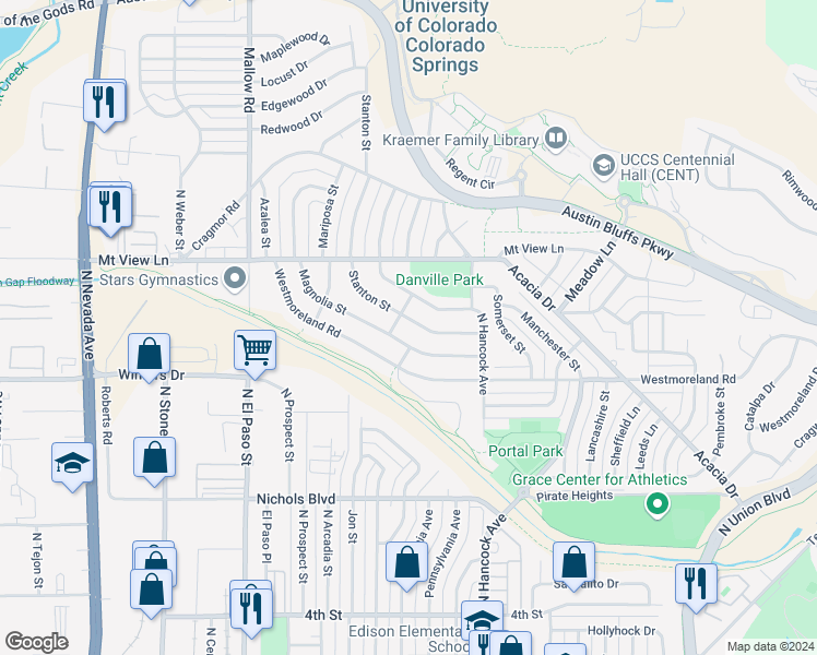 map of restaurants, bars, coffee shops, grocery stores, and more near 1143 Stanton Street in Colorado Springs