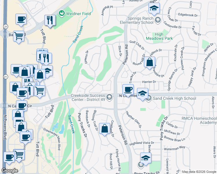 map of restaurants, bars, coffee shops, grocery stores, and more near 3731 Riviera Grove in Colorado Springs