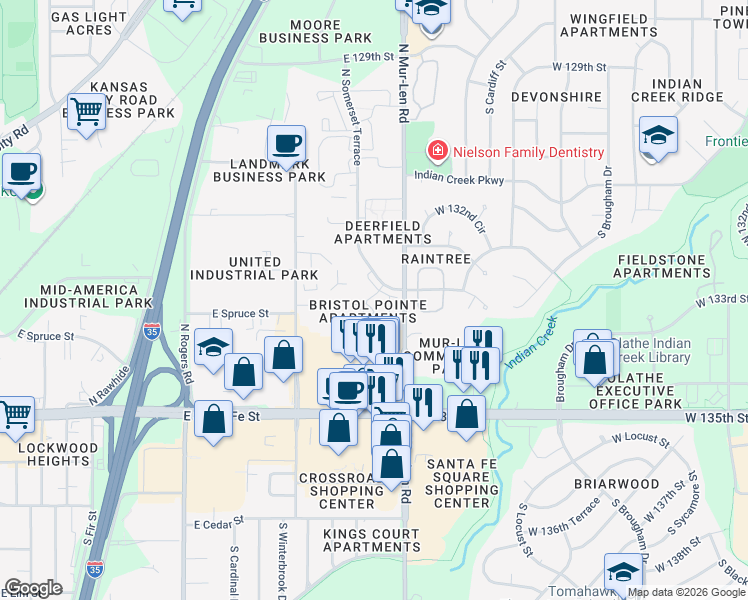 map of restaurants, bars, coffee shops, grocery stores, and more near 529 North Somerset Terrace in Olathe