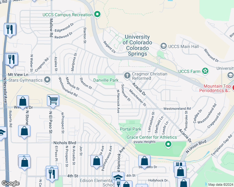 map of restaurants, bars, coffee shops, grocery stores, and more near 1198 Stanton Street in Colorado Springs