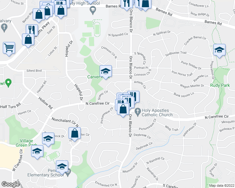 map of restaurants, bars, coffee shops, grocery stores, and more near 4610 Picturesque Drive in Colorado Springs