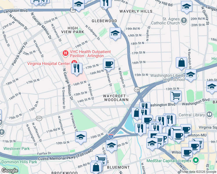 map of restaurants, bars, coffee shops, grocery stores, and more near 1414 North Buchanan Street in Arlington