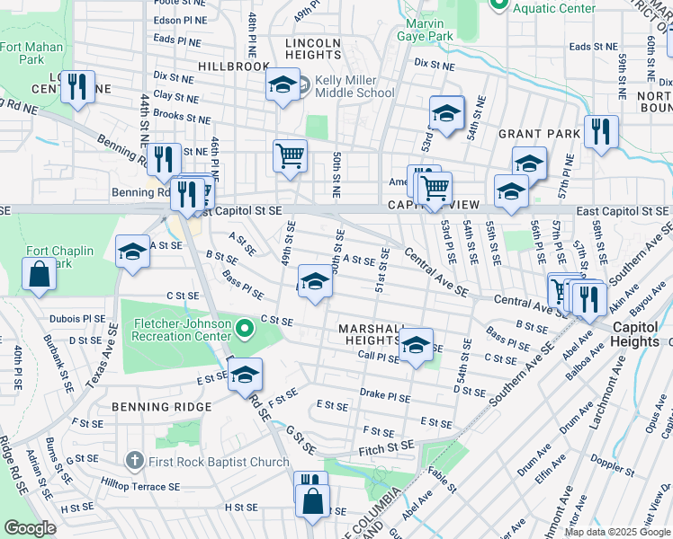 map of restaurants, bars, coffee shops, grocery stores, and more near 116 50th Street Southeast in Washington