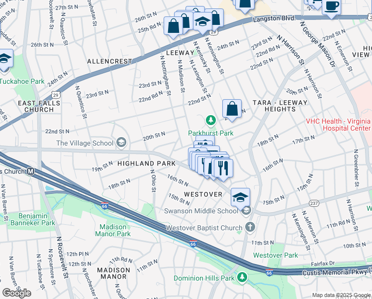 map of restaurants, bars, coffee shops, grocery stores, and more near 5910 19th Street North in Arlington