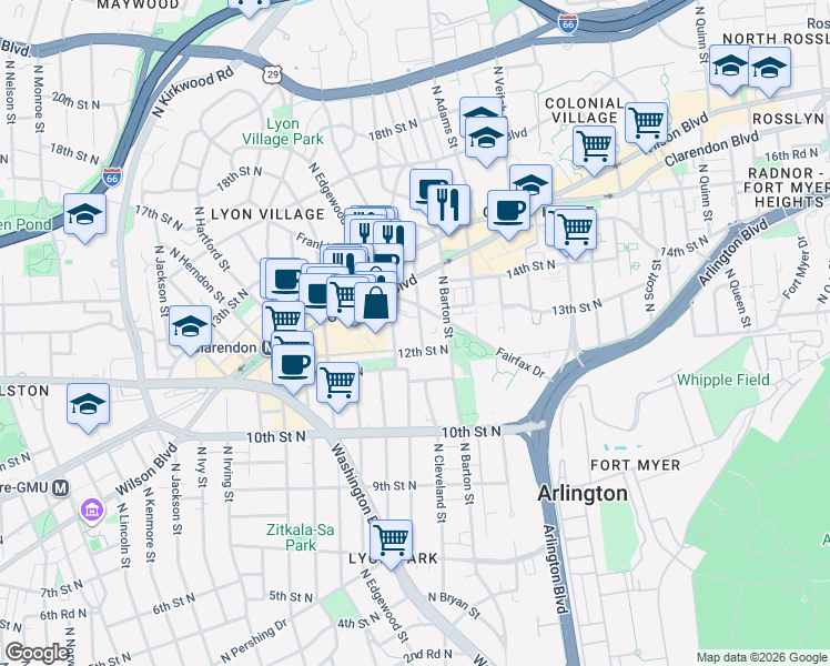 map of restaurants, bars, coffee shops, grocery stores, and more near 1212 North Cleveland Street in Arlington