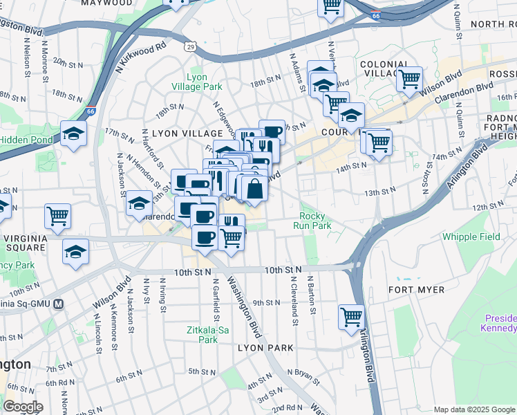 map of restaurants, bars, coffee shops, grocery stores, and more near 1236 North Danville Street in Arlington