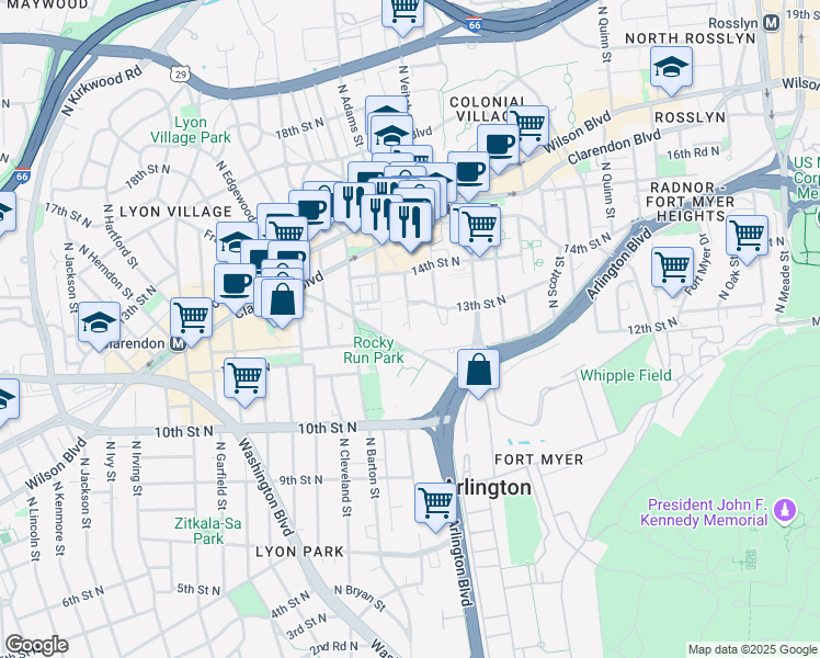 map of restaurants, bars, coffee shops, grocery stores, and more near 1201 North Wayne Street in Arlington