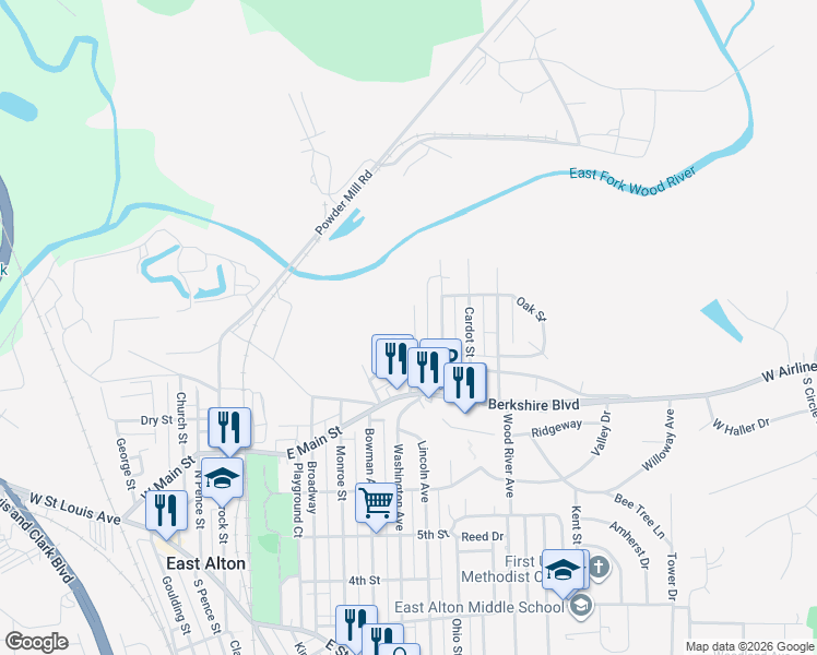 map of restaurants, bars, coffee shops, grocery stores, and more near 223 Lakeside Avenue in East Alton