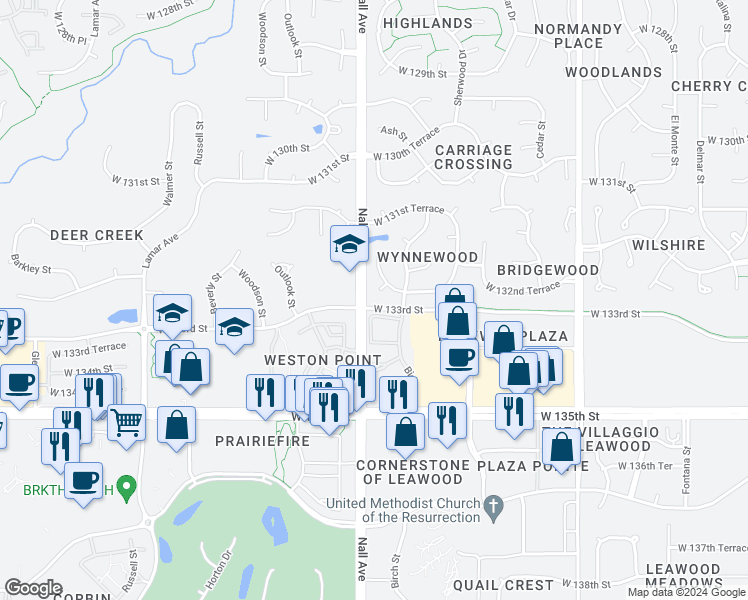 map of restaurants, bars, coffee shops, grocery stores, and more near 5413 West 132nd Terrace in Leawood