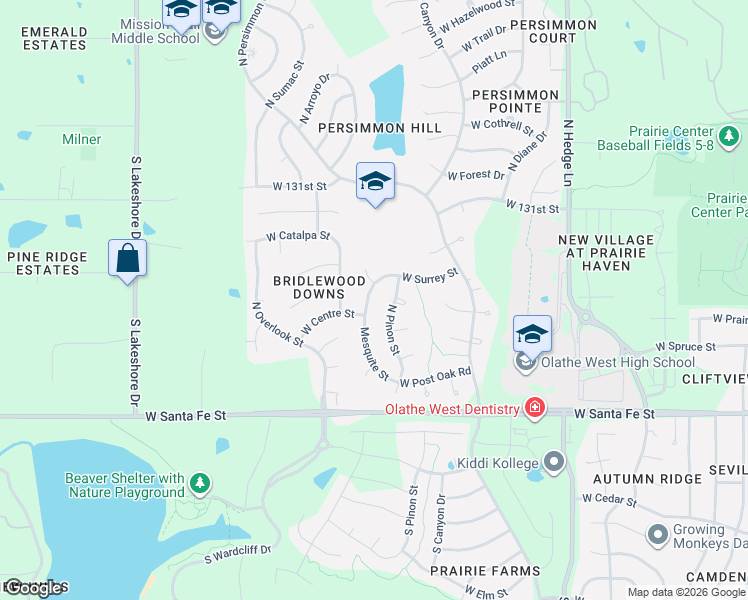 map of restaurants, bars, coffee shops, grocery stores, and more near 428 North Mesquite Street in Olathe