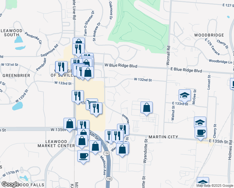 map of restaurants, bars, coffee shops, grocery stores, and more near 13209 Summit Street in Kansas City