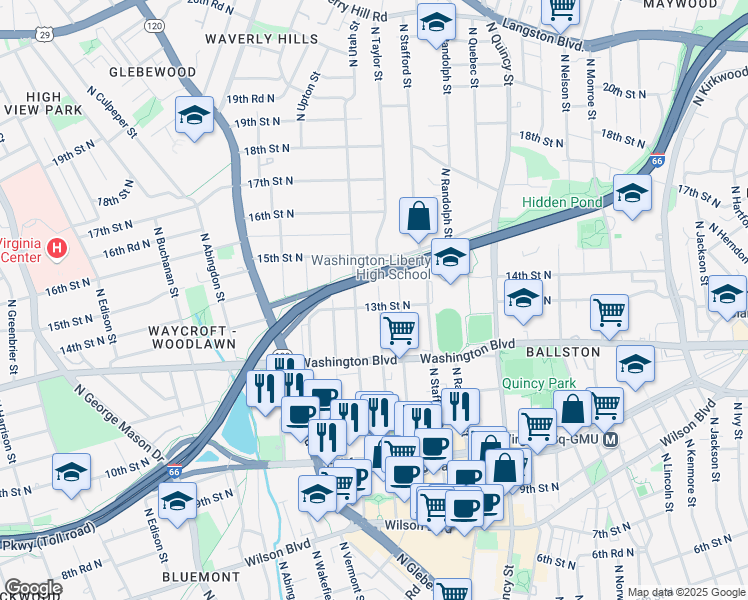 map of restaurants, bars, coffee shops, grocery stores, and more near 1304 North Taylor Street in Arlington