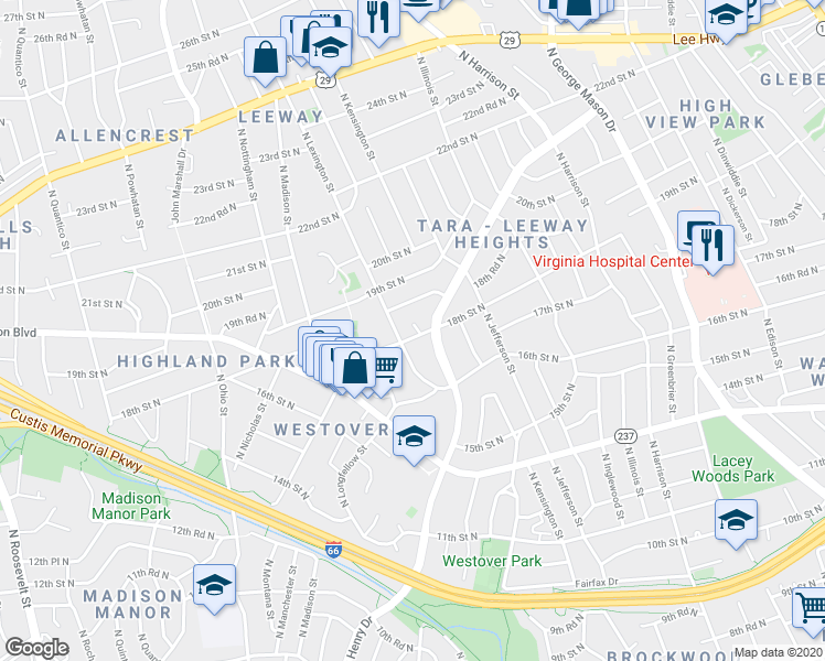 map of restaurants, bars, coffee shops, grocery stores, and more near 5739 18th Street North in Arlington