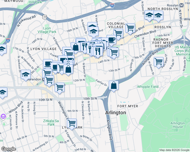 map of restaurants, bars, coffee shops, grocery stores, and more near 1276 North Wayne Street in Arlington