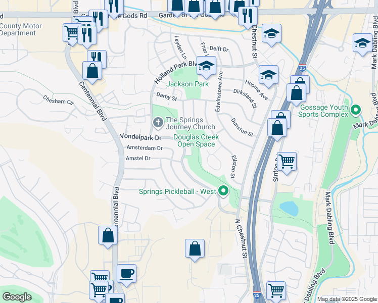 map of restaurants, bars, coffee shops, grocery stores, and more near 1130 Vondelpark Drive in Colorado Springs